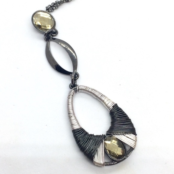 3/$30 NINE WEST GUNMETAL SILVER TONE WIRE WRAP YELLOW CRYSTAL PENDANT NECKLACE - Picture 12 of 12